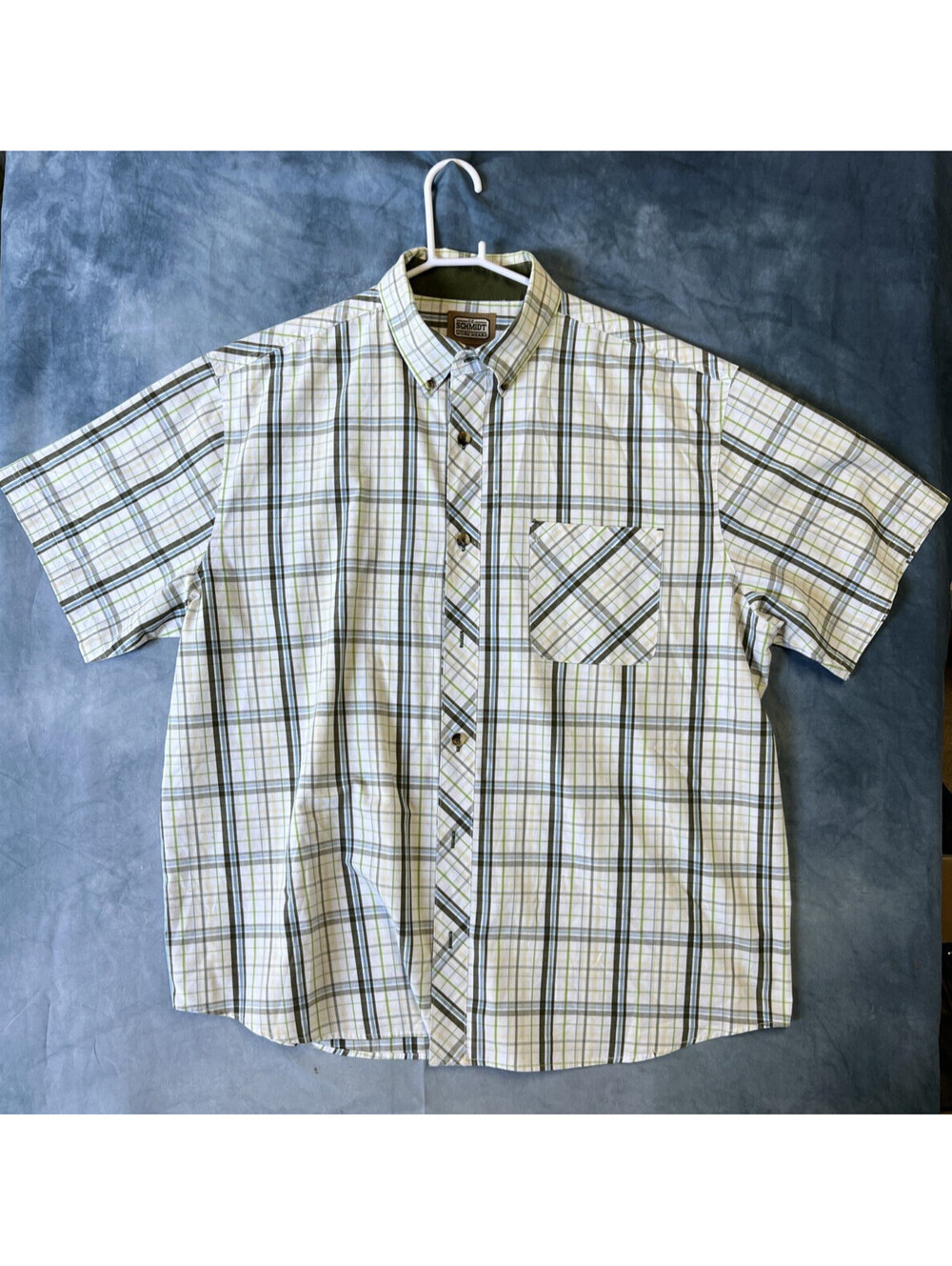 CE Schmidt Workwear Mens XXL White/Green Plaid Short Sleeve Button Down  1050-Q